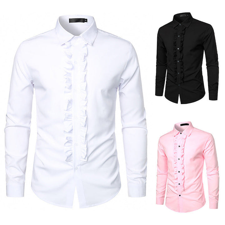 Herren Langarmhemd mit Rüschenverzierung und eleganten Knopfdetails