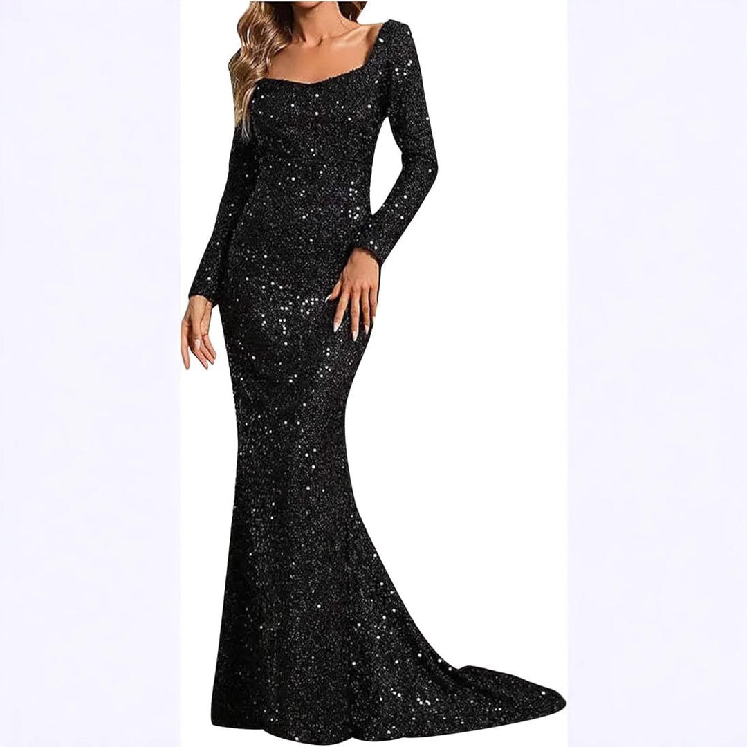 Damen Glamouröses Glitzer-Abendkleid mit schwingendem Rock und voluminösen Ärmeln