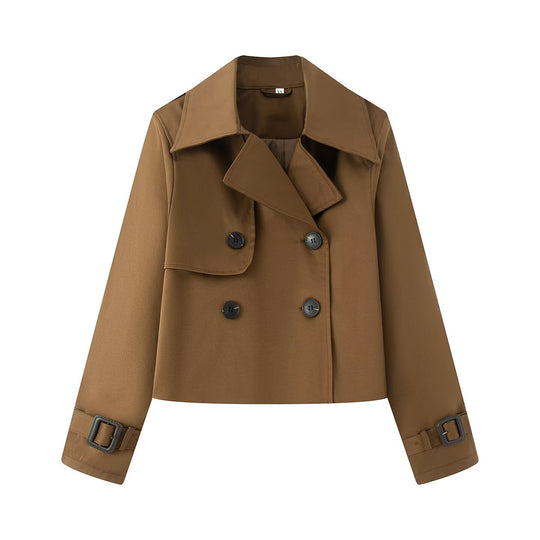 Damen Cropped-Doppeltreiher Trenchcoat mit breitem Revers und verstellbaren Manschetten Nord Taschen