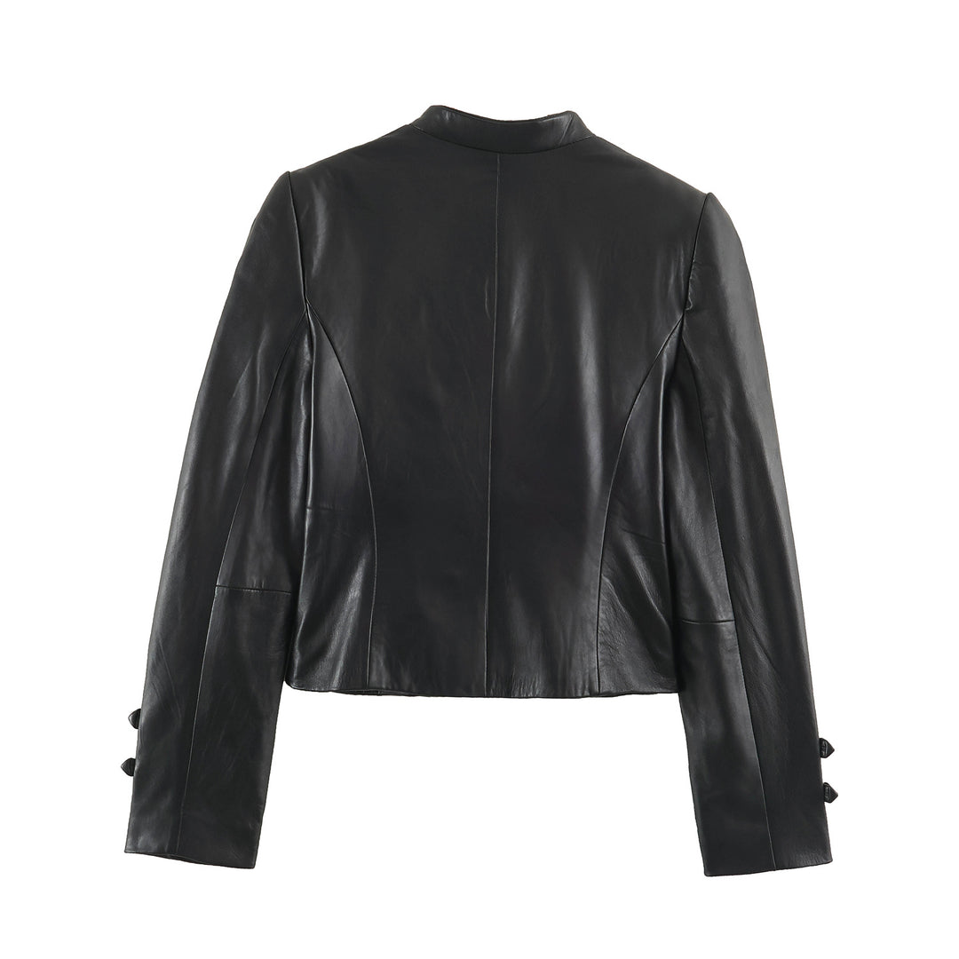 Damen Cropped-Lederoptik-Jacke im militärisch inspirierten Design mit Stehkragen und Zierdöbeln Nord Taschen