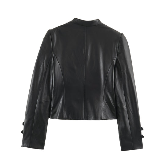 Damen Cropped-Lederoptik-Jacke im militärisch inspirierten Design mit Stehkragen und Zierdöbeln Nord Taschen