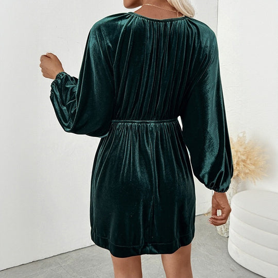 Damen Elegantes Samtkleid mit V-Ausschnitt und Puffärmeln Nord Taschen