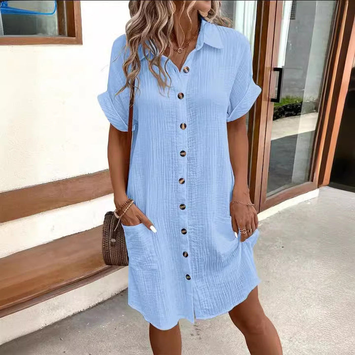 Damen Hemdblusenkleid aus leichtem Baumwollstoff mit praktischen Taschen und durchgehender Knopfleiste