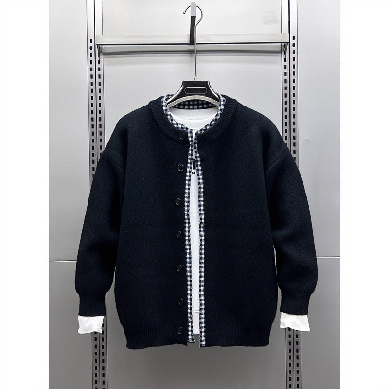Unisex Lässige Strickjacke im Layering-Look mit Rundhals und Kontrast-Karoinnenschicht Nord Taschen