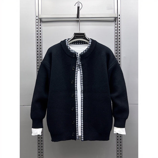 Unisex Lässige Strickjacke im Layering-Look mit Rundhals und Kontrast-Karoinnenschicht Nord Taschen