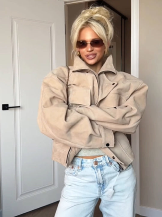 Damen Oversize Wildlederoptik Jacke mit Pattentaschen und Stehkragen Nord Taschen
