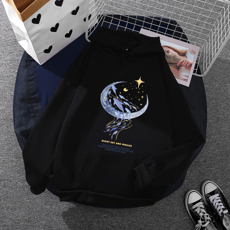 Damen Kapuzenpullover mit Mond‑und‑Wal-Illustration, Oversize-Schnitt und Kängurutasche Nord Taschen