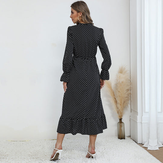 Damen Maxikleid mit Polka-Dot‑Print, geraffter Taille, Schleifenkragen und Volant-Saum Nord Taschen