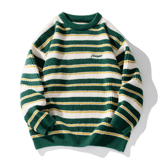 Unisex Gestreifter Grobstrick-Pullover mit Rundhalsausschnitt und Relaxed‑Fit Nord Taschen