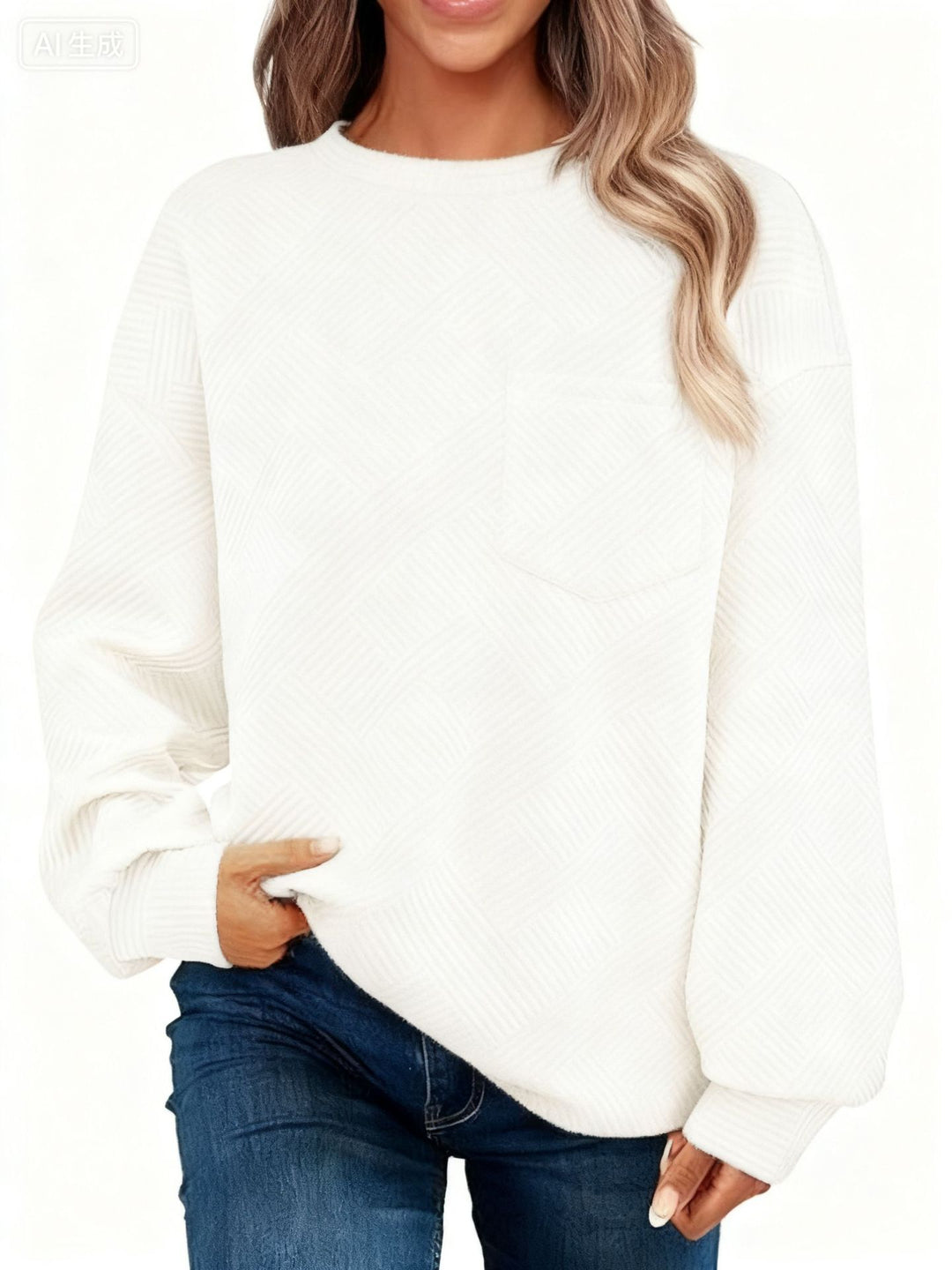 Damen Oversize Strukturstrick-Pullover mit Brusttasche Nord Taschen