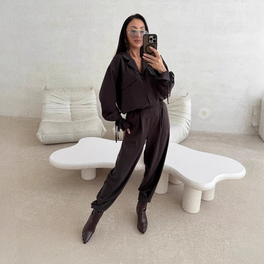 Damen Zweiteiliges Loungewear-Set mit Oversized-Bluse, Pattentaschen, Kordelmanschetten und hochtaillierter Jogpant Nord Taschen