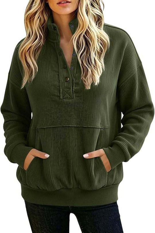 Damen gerippter Henley-Pullover mit Stehkragen und Kängurutasche Nord Taschen