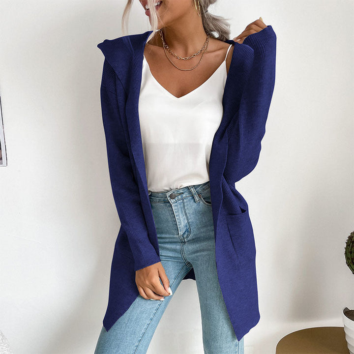 Damen Langärmlige Strickjacke mit Kapuze und seitlichen Taschen