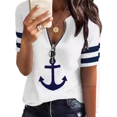 Damen Sportliches T-Shirt mit Reißverschluss und maritimen Motiven
