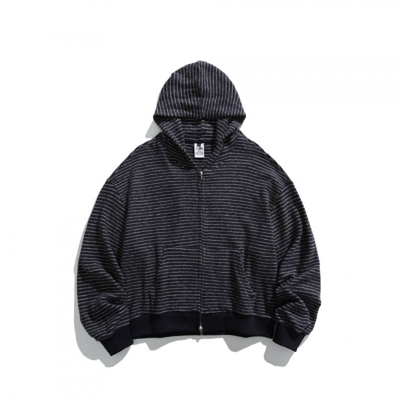 Unisex Boxy Kapuzen-Sweatjacke mit durchgehendem Reißverschluss, Streifenstruktur und geripptem Saum Nord Taschen