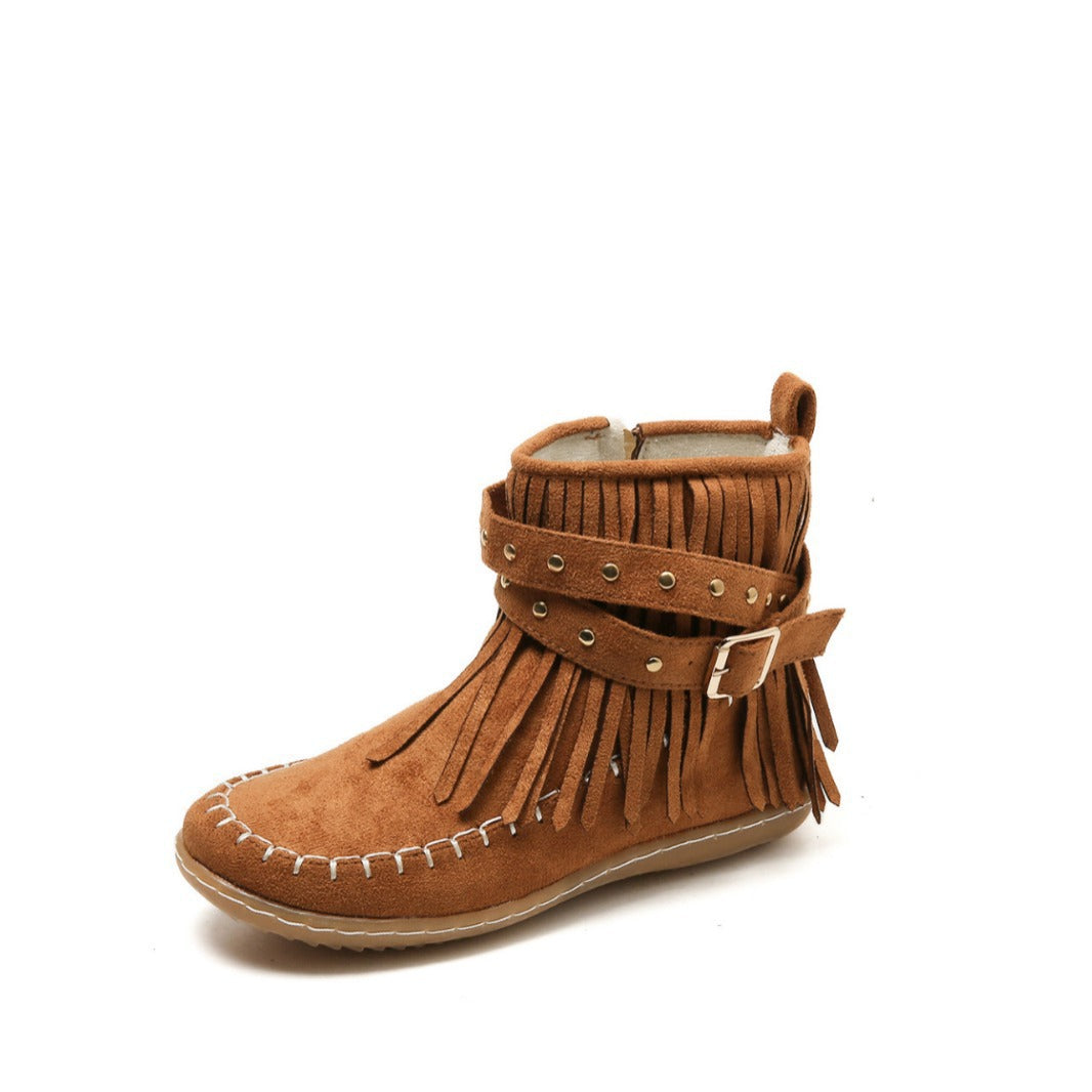 Damen Fransen-Boots im Mokassinstil mit Ziernähten, Schnallenriemen und seitlichem Reißverschluss Nord Taschen