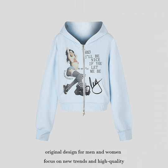Damen Kapuzen-Sweatjacke mit Fotoprint, kurzem Cropped-Schnitt und Kreuz-Zipper Nord Taschen