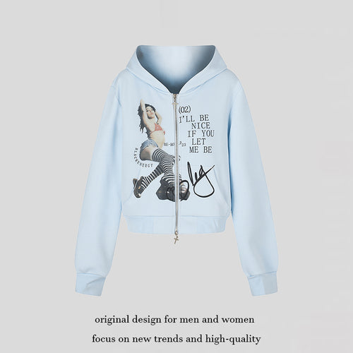 Damen Kapuzen-Sweatjacke mit Fotoprint, kurzem Cropped-Schnitt und Kreuz-Zipper Nord Taschen