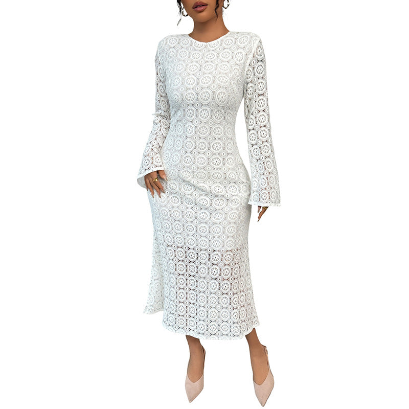 Damen Midikleid aus Häkelspitze mit taillierter Silhouette, Trompetenärmeln und ausgestelltem Saum Nord Taschen