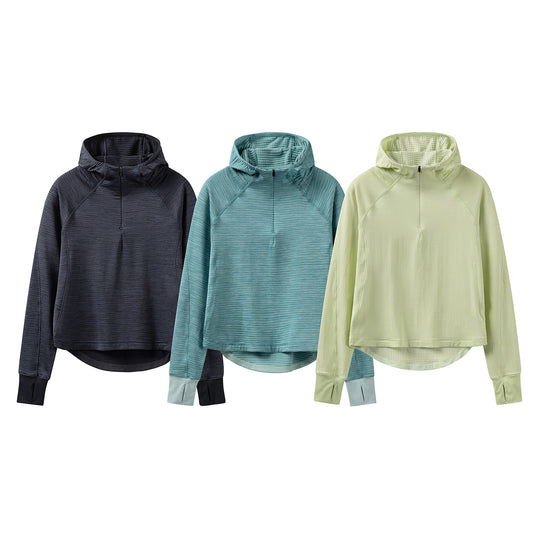 Damen Kapuzen-Halbzip-Pullover mit waffelgefütterter Innenkapuze, Daumenlöchern und verlängerter Rückpartie Nord Taschen