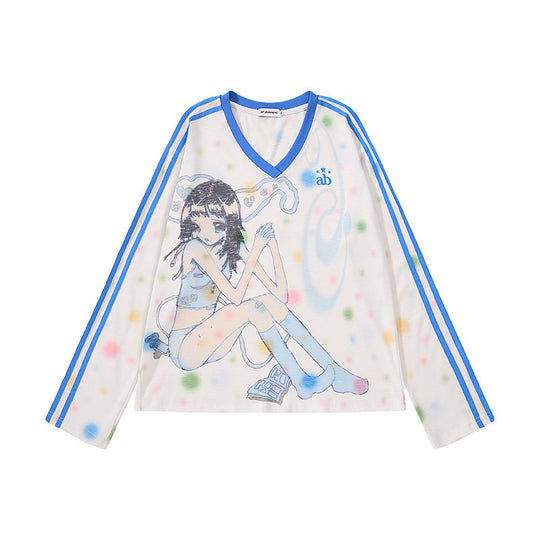 Damen Cropped Mesh-Longsleeve mit V-Ausschnitt, Anime-Print und Kontraststreifen Nord Taschen