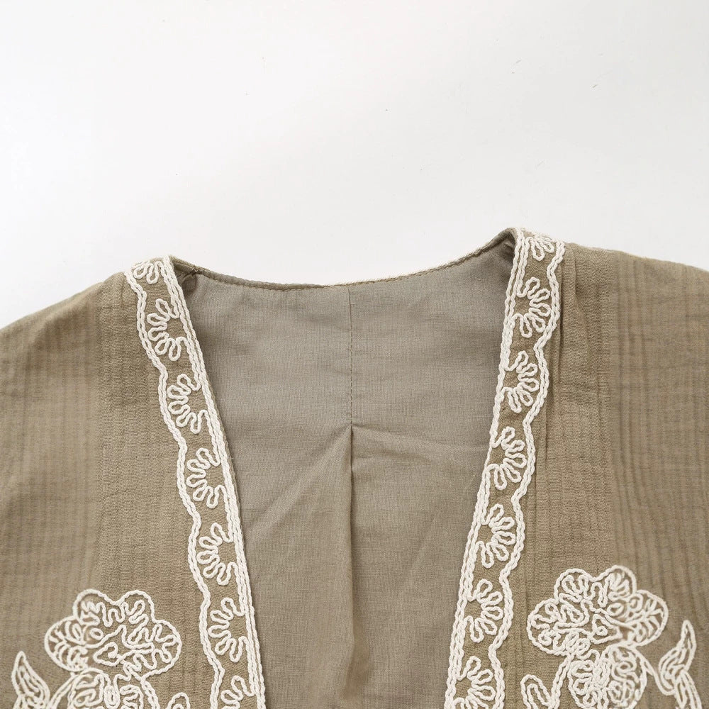 Damen Ärmellose Leinenweste mit floraler Reliefstickerei und offener Front Nord Taschen