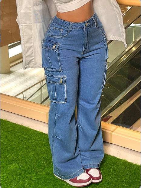 Damen Cargo-Denim-Hose mit weitem Bein, hoher Taille & multifunktionalen Klappentaschen Nord Taschen