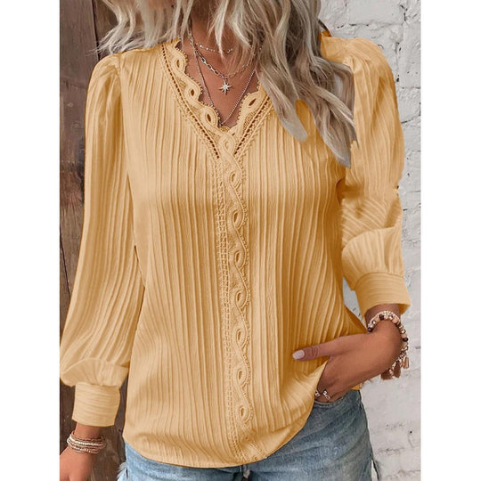 Damen Plissierte V‑Ausschnitt Bluse mit Spitzenbesatz und Ballonärmeln Nord Taschen