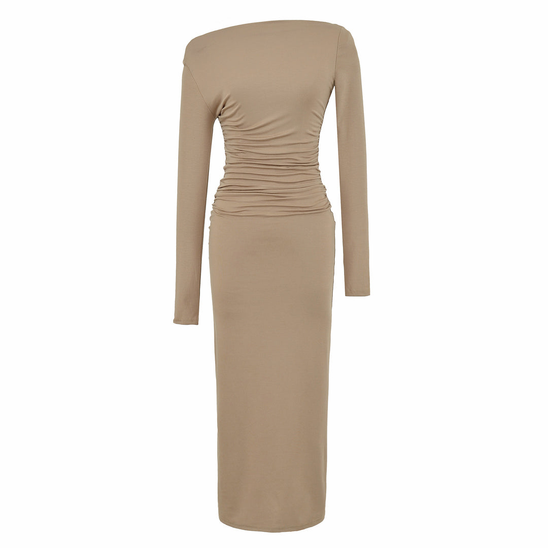 Damen Einschulter-Midikleid mit Langarm und seitlicher Raffung Nord Taschen