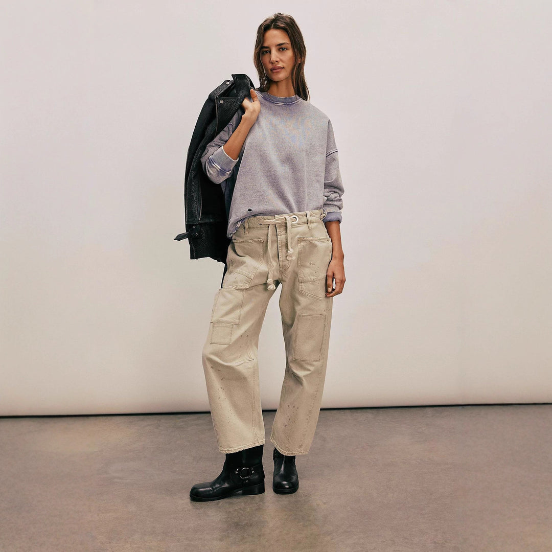 Damen hochgeschnittene Jeans im weiten Schnitt mit aufgesetzten Taschen und Kordelzug Nord Taschen