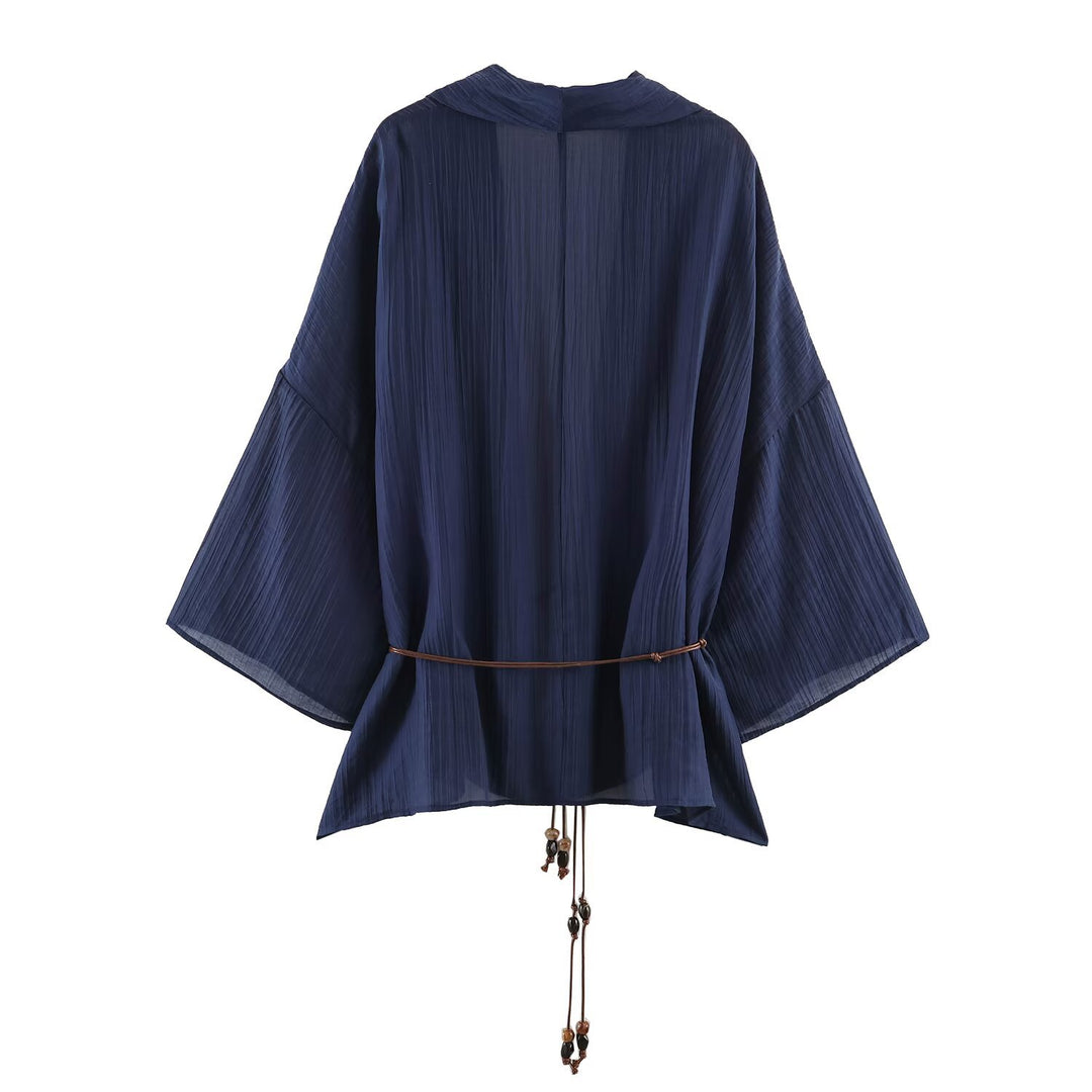 Damen Plissierter Oversize-Kimono mit Hüftkordel und Trompetenärmeln Nord Taschen