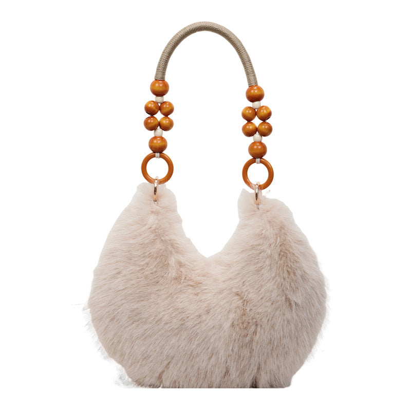 Damen Plüsch-Handtasche mit eleganten Holzgriffen Nord Taschen