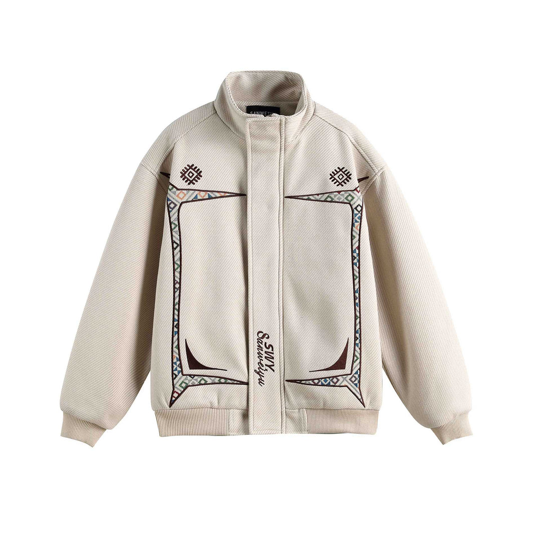 Damen Leichte Stehkragen-Jacke mit folkloren Stickapplikationen und gerippten Bündchen Nord Taschen