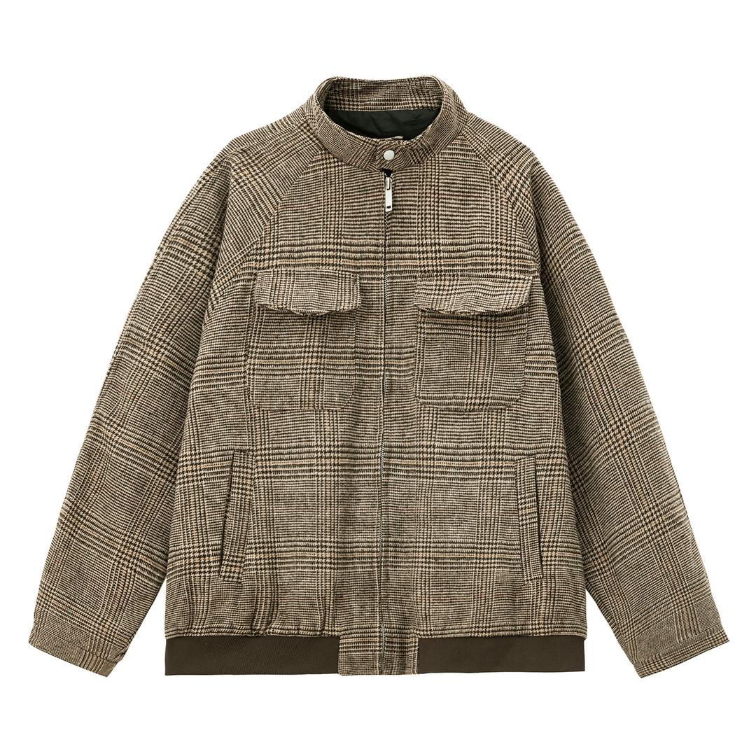 Unisex Karierte Utility-Hemdjacke mit Stehkragen, Brustklappen und Reißverschluss Nord Taschen