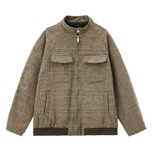Unisex Karierte Utility-Hemdjacke mit Stehkragen, Brustklappen und Reißverschluss Nord Taschen