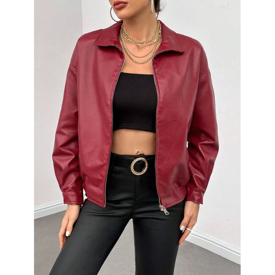 Damen Oversized Kunstleder-Blouson mit Reißverschluss und Hemdkragen Nord Taschen