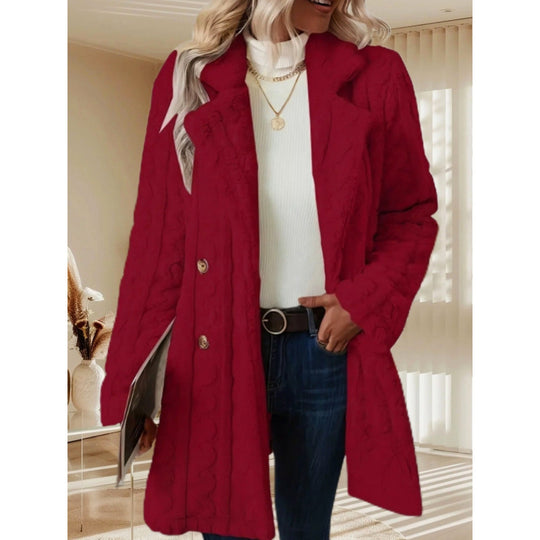 Damen Midilanger Teddy-Mantel mit Zopfmuster, Reverskragen und doppelt geknöpfter Front Nord Taschen