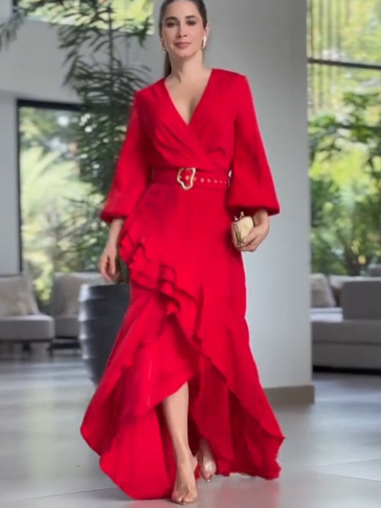 Damen Elegantes Wickel-Maxikleid mit Volants, tailliertem Gürtel & weitem Glockenärmel Nord Taschen