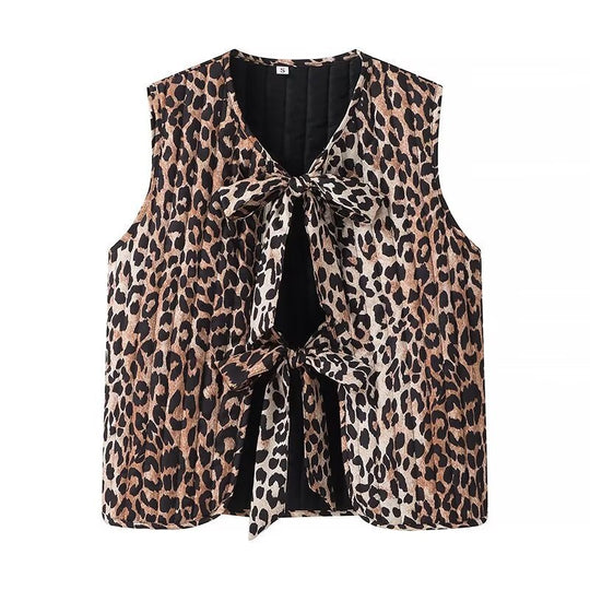 Damen Ärmelloses Satin-Blusentop mit Leoprint und doppelter Schleifenfront Nord Taschen