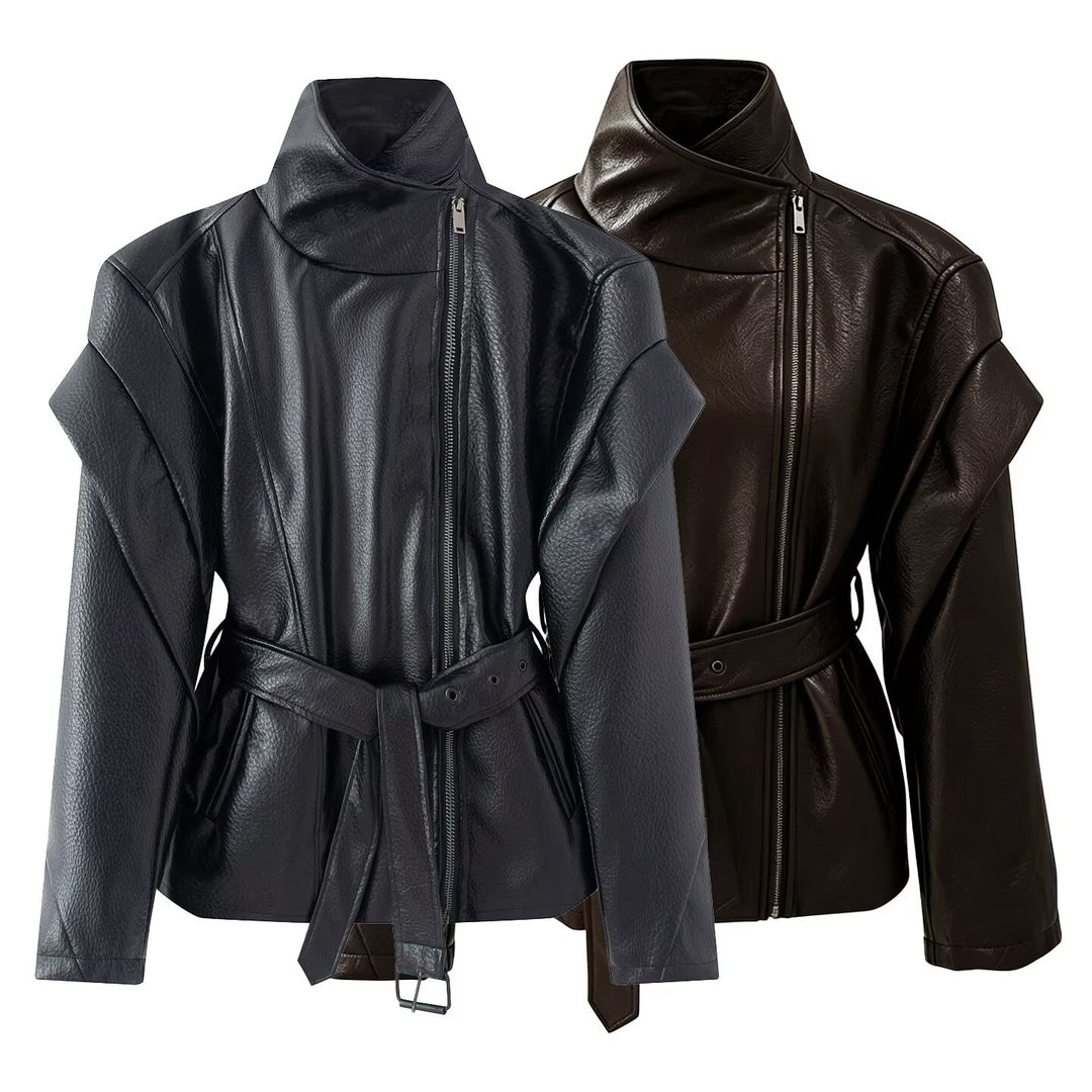 Damen Taillierte Kunstlederjacke mit hohem Stehkragen, asymmetrischem Reißverschluss und Bindegürtel Nord Taschen