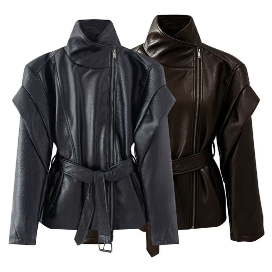 Damen Taillierte Kunstlederjacke mit hohem Stehkragen, asymmetrischem Reißverschluss und Bindegürtel Nord Taschen