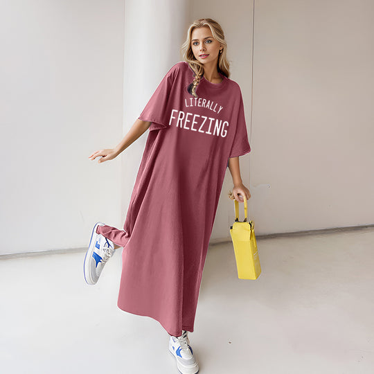 Damen nan lässiges Oversize Maxi-T-Shirt-Kleid mit Rundhals und Statement-Print Nord Taschen