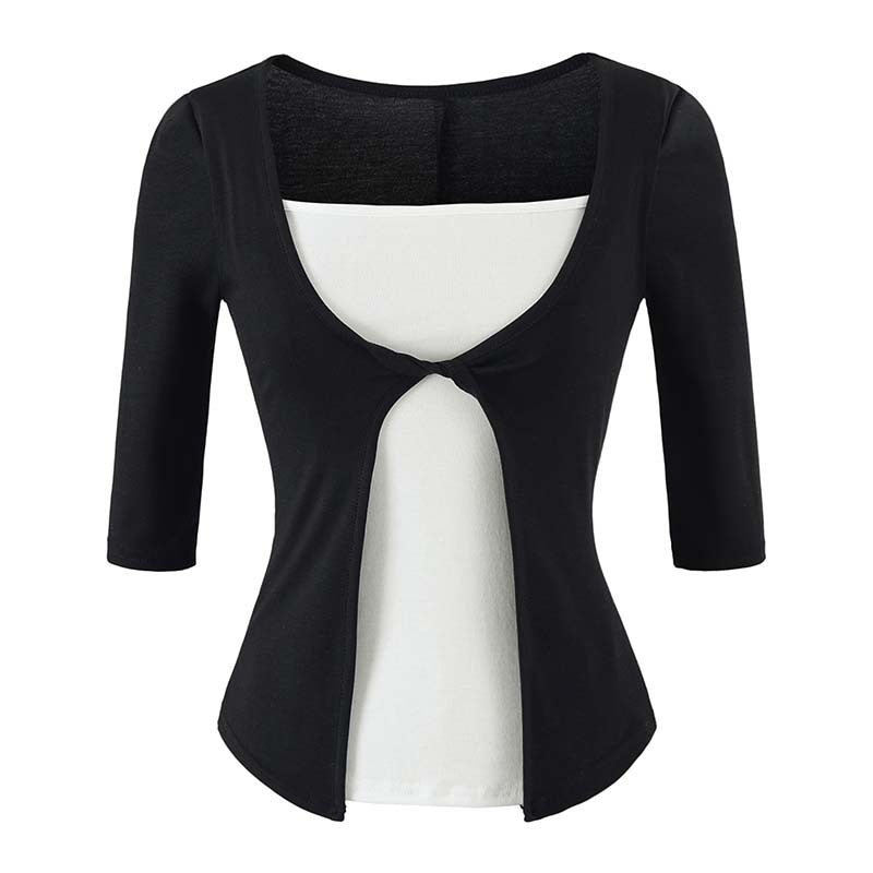 Damen Lagen‑Look Shirt mit Knotenfront, Dreiviertelärmel und integriertem Untertop Nord Taschen