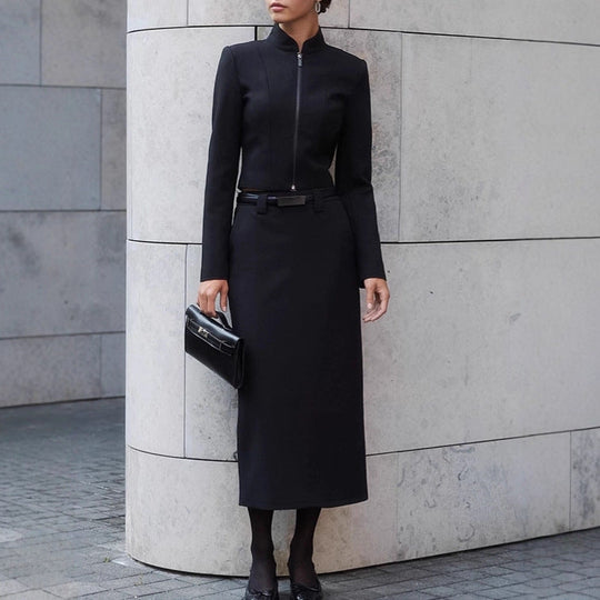 Damen Elegantes Etuikleid mit schmalem Stehkragen und Reißverschluss Nord Taschen