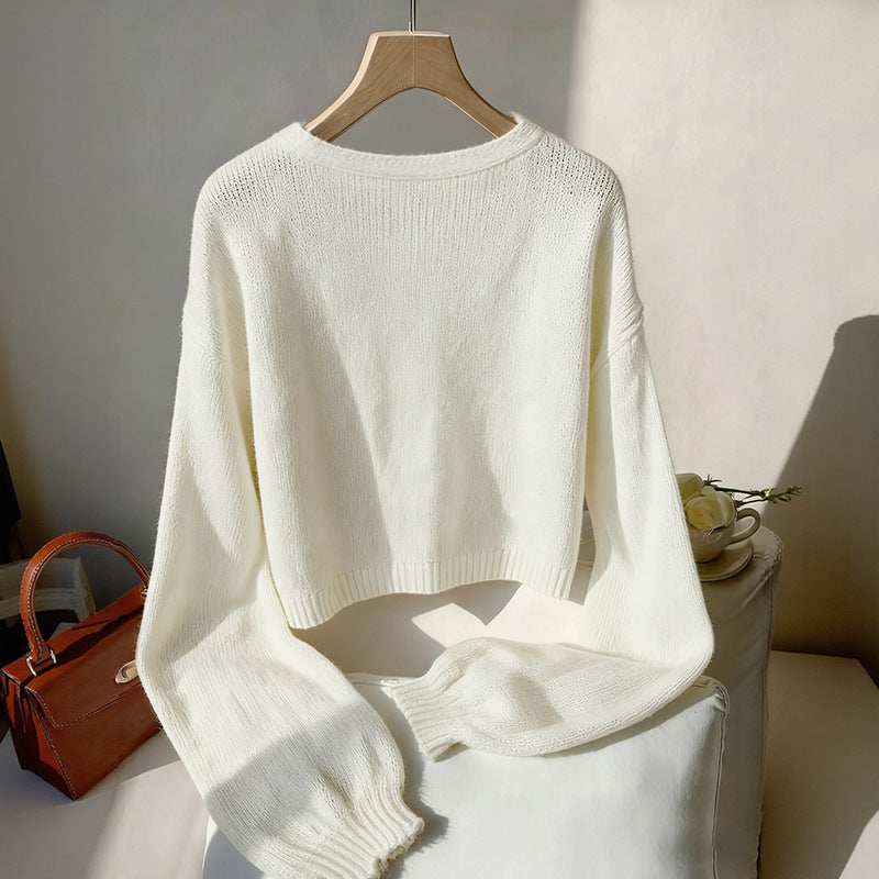 Damen Kurzgeschnittener V-Ausschnitt Mohair-Mix Pullover mit Satinschleifen Nord Taschen
