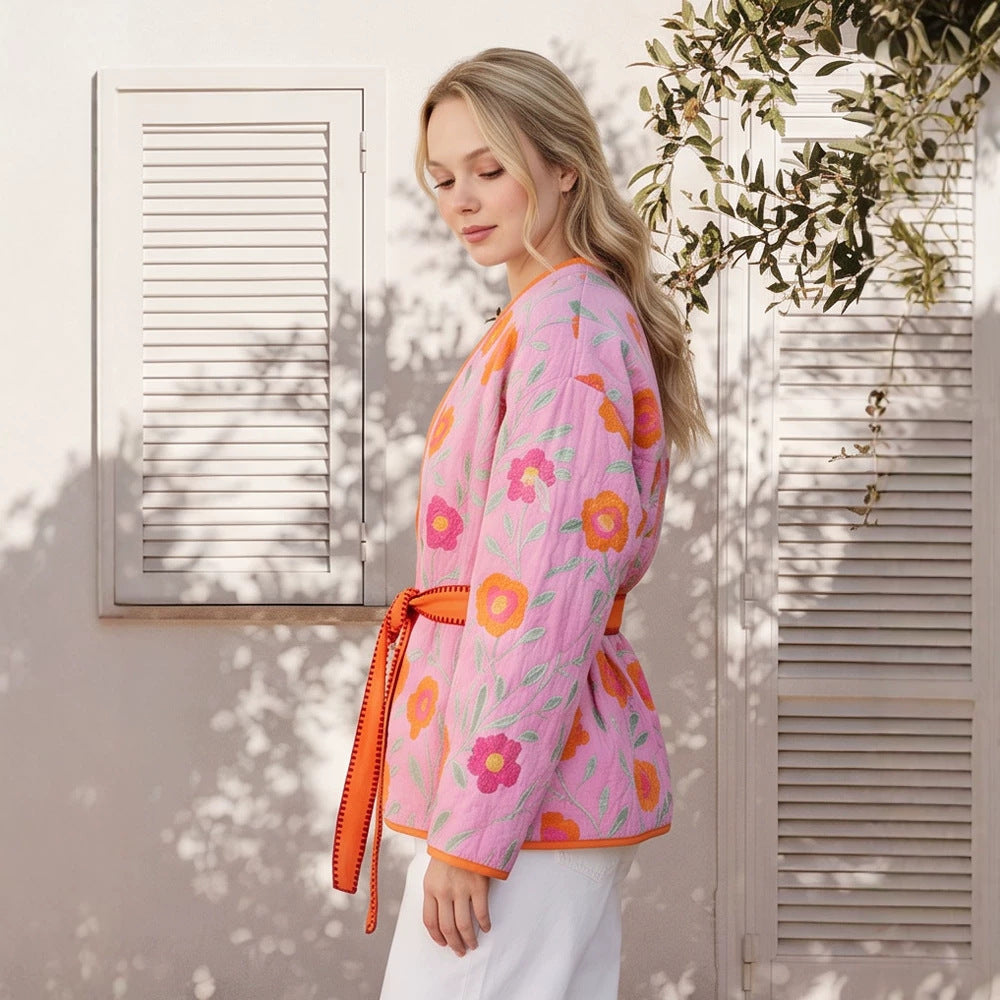 Damen Gestepptes Blumen-Kimono mit Bindegürtel Nord Taschen