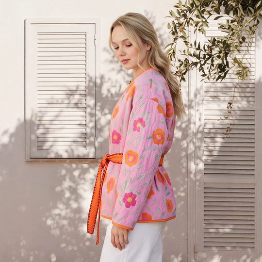 Damen Gestepptes Blumen-Kimono mit Bindegürtel Nord Taschen