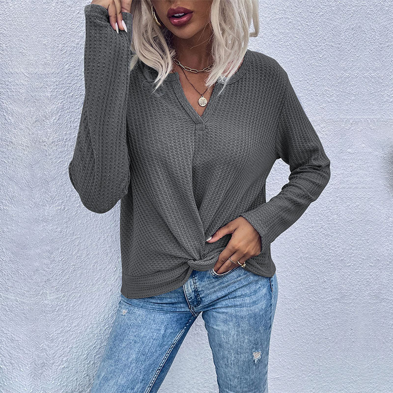 Damen Waffelstrick-Longsleeve mit V‑Ausschnitt und Knotenfront Nord Taschen