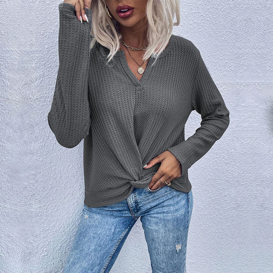 Damen Waffelstrick-Longsleeve mit V‑Ausschnitt und Knotenfront Nord Taschen