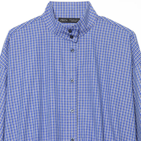 Damen Karo-Cropped-Bluse mit Stehkragen, Ballonärmeln und Tunnelzug Nord Taschen